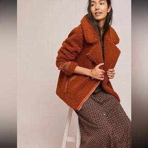 Anthropologie Marrakech Sherpa Jacket Burnt Sienna Brown Teddy Bear Petite